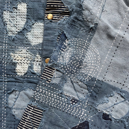 Indigo Collarless Boro Denim Jacket - M