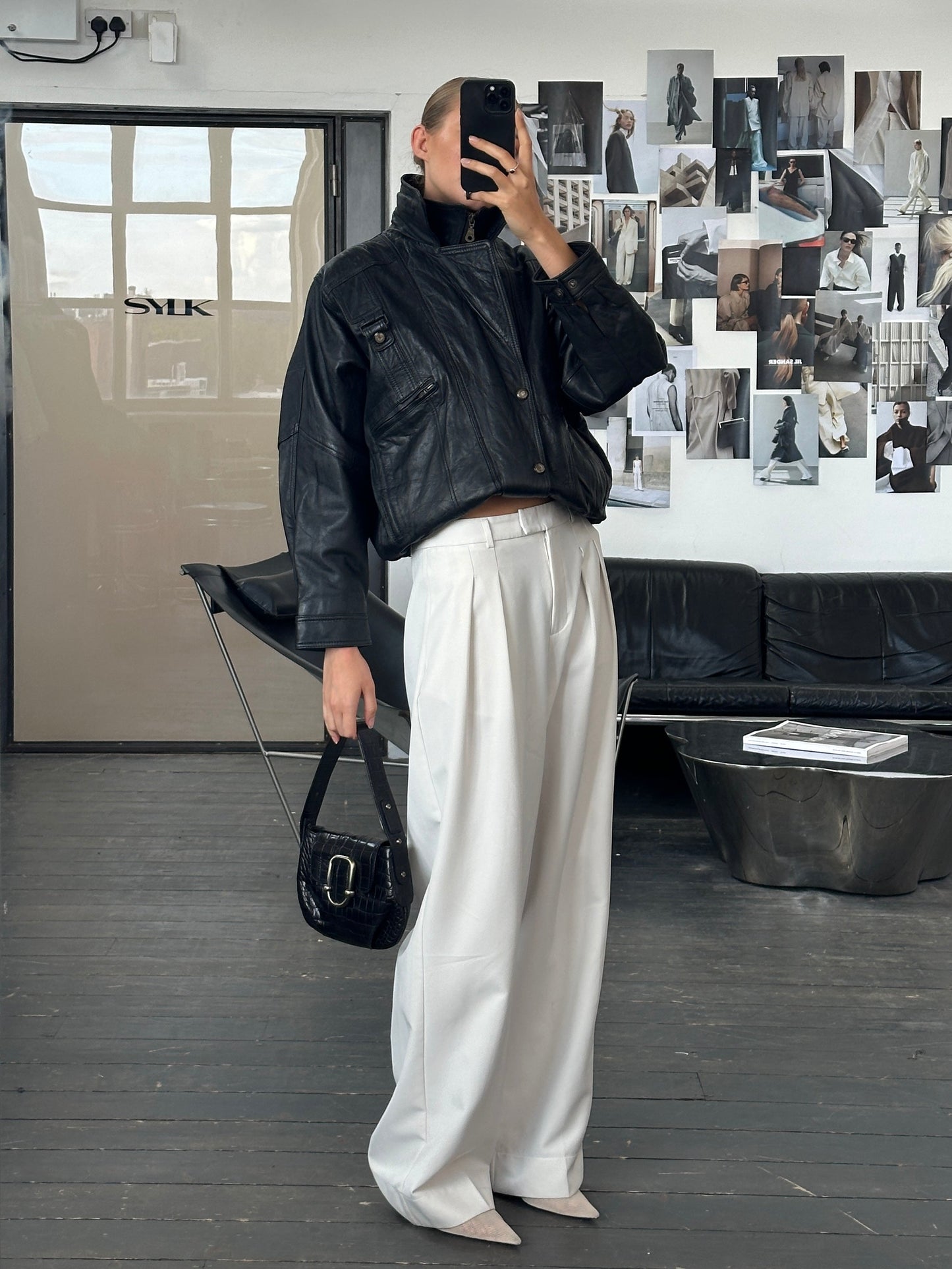 Vintage 1990s High Neck Leather Bomber Jacket - M