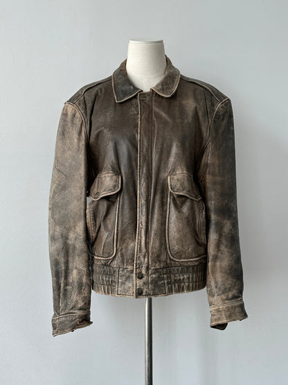 Vintage 1990s Distressed Leather Bomber Jacket - M-L