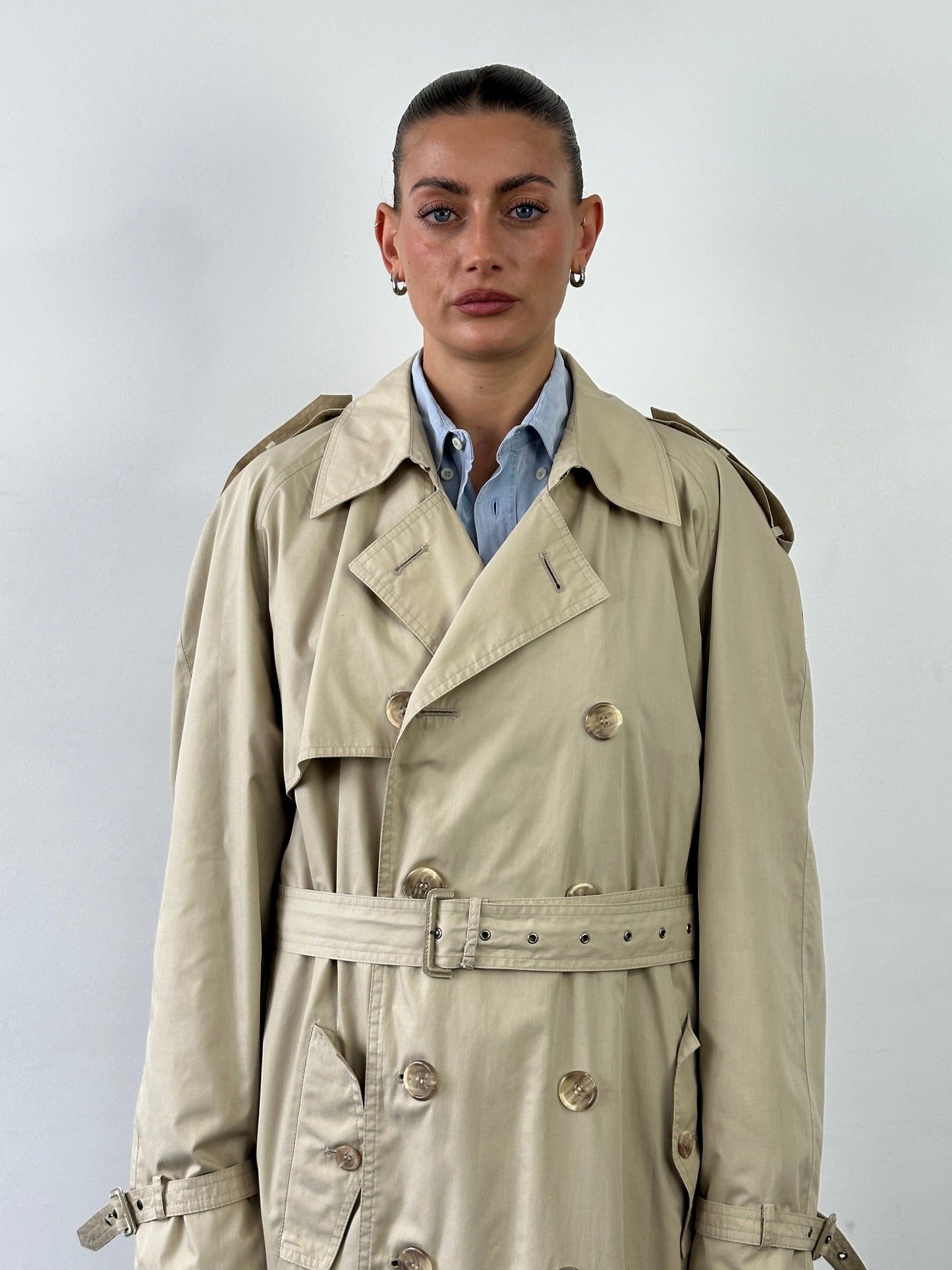 Yves Saint Laurent Pour Homme 1980s Cotton Double Breasted Belted Trench Coat - XXL