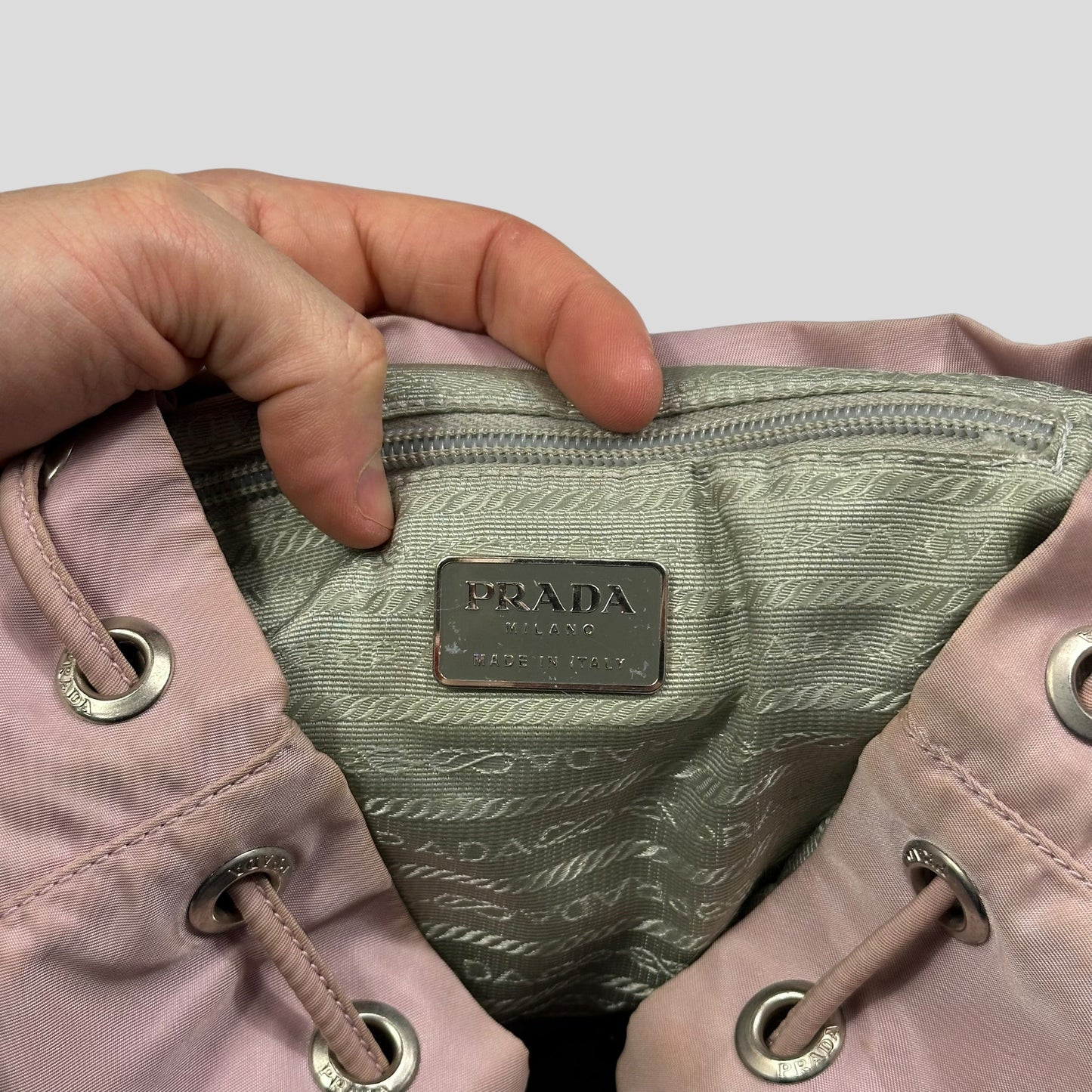 Prada Milano 00’s Triangle Plaque Logo Nylon Pink Backpack | O/S, Gold