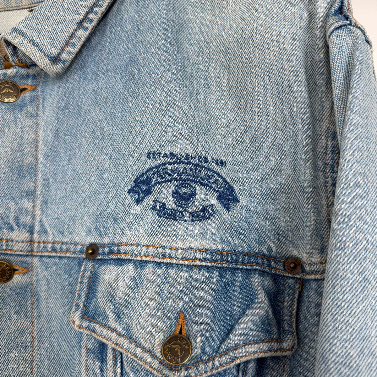 1990s armani jeans distressed denim trucker jacket | O/S, Blue