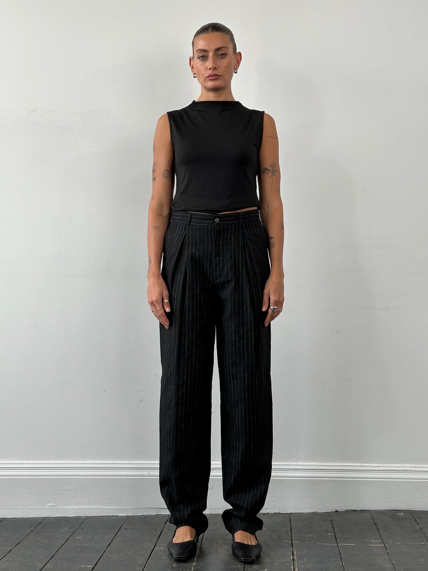 Vintage Linen Stripe Straight Leg Pleated Trousers - W28