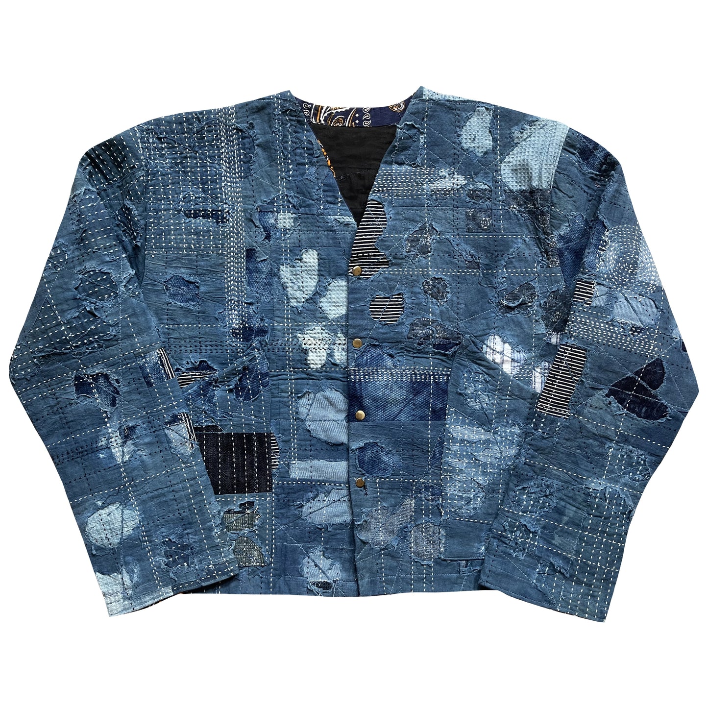 Indigo Collarless Boro Denim Jacket - M