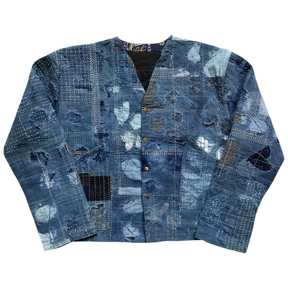 Indigo Collarless Boro Denim Jacket - M