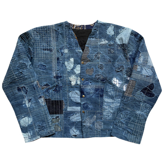 Indigo Collarless Boro Denim Jacket - M