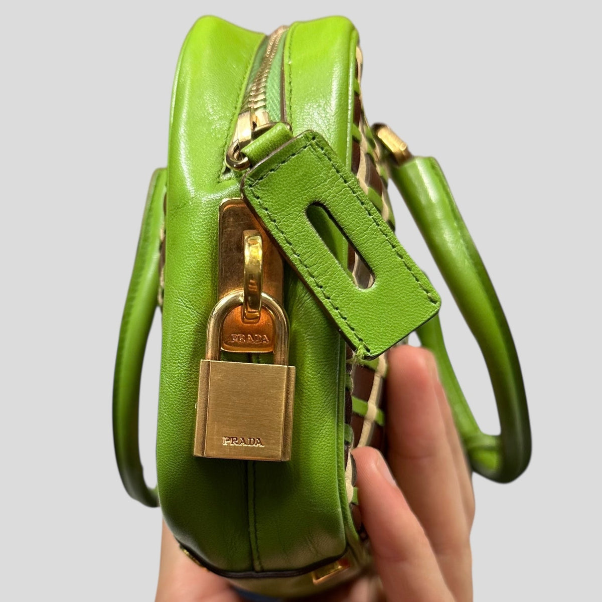 Prada 2001 Mini Top Handle Leather Woven Bag + Cards & Dustbag | O/S, Green