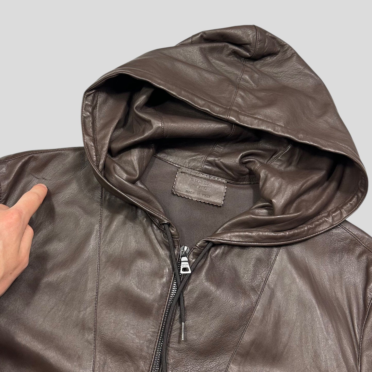 Prada Milano 00’s Nappa Leather Stash Pocket Hooded Jacket - L | Default Title, Brown