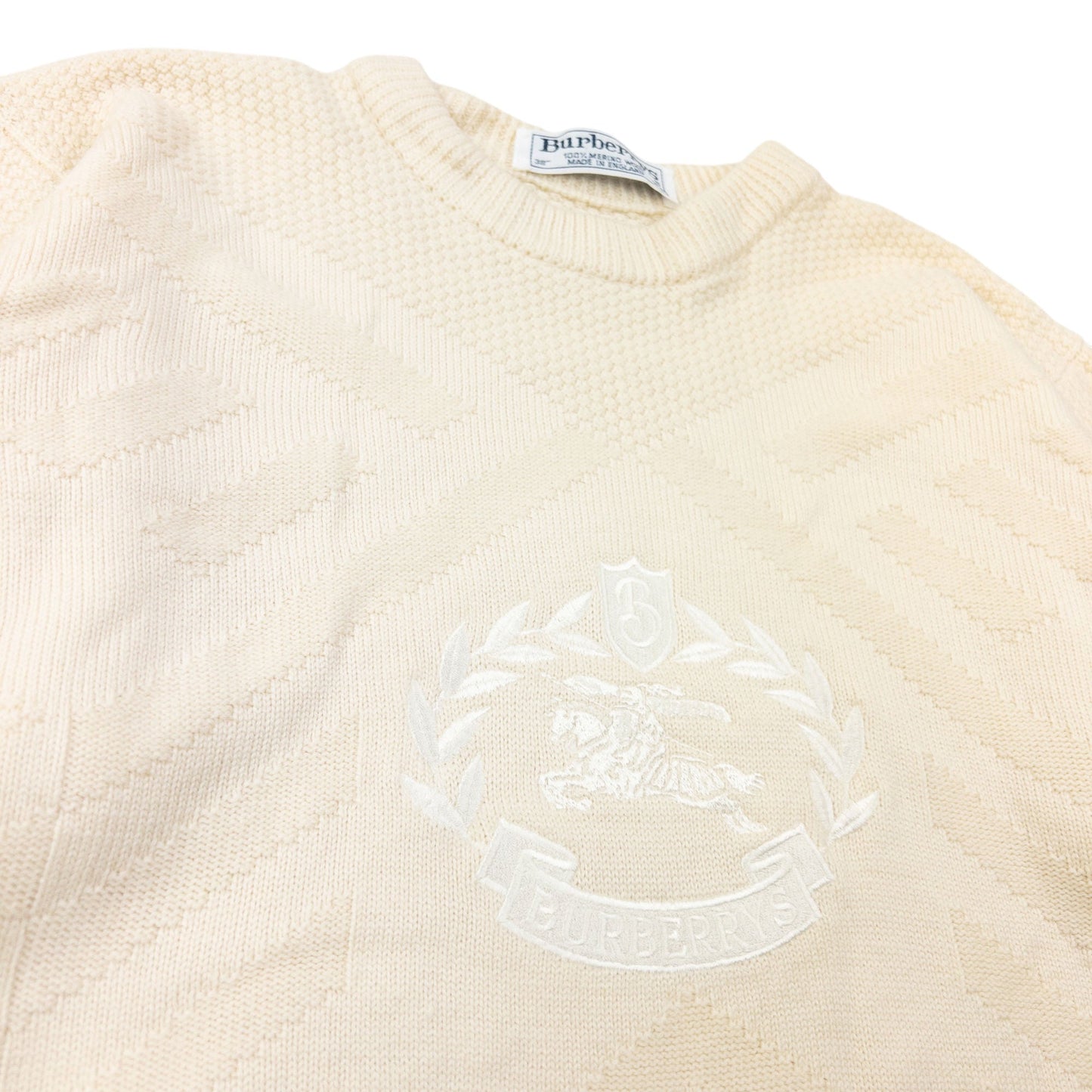 Vintage 90s Burberry Embroidered Wool Knit Jumper Womens Size S | Small, Cream