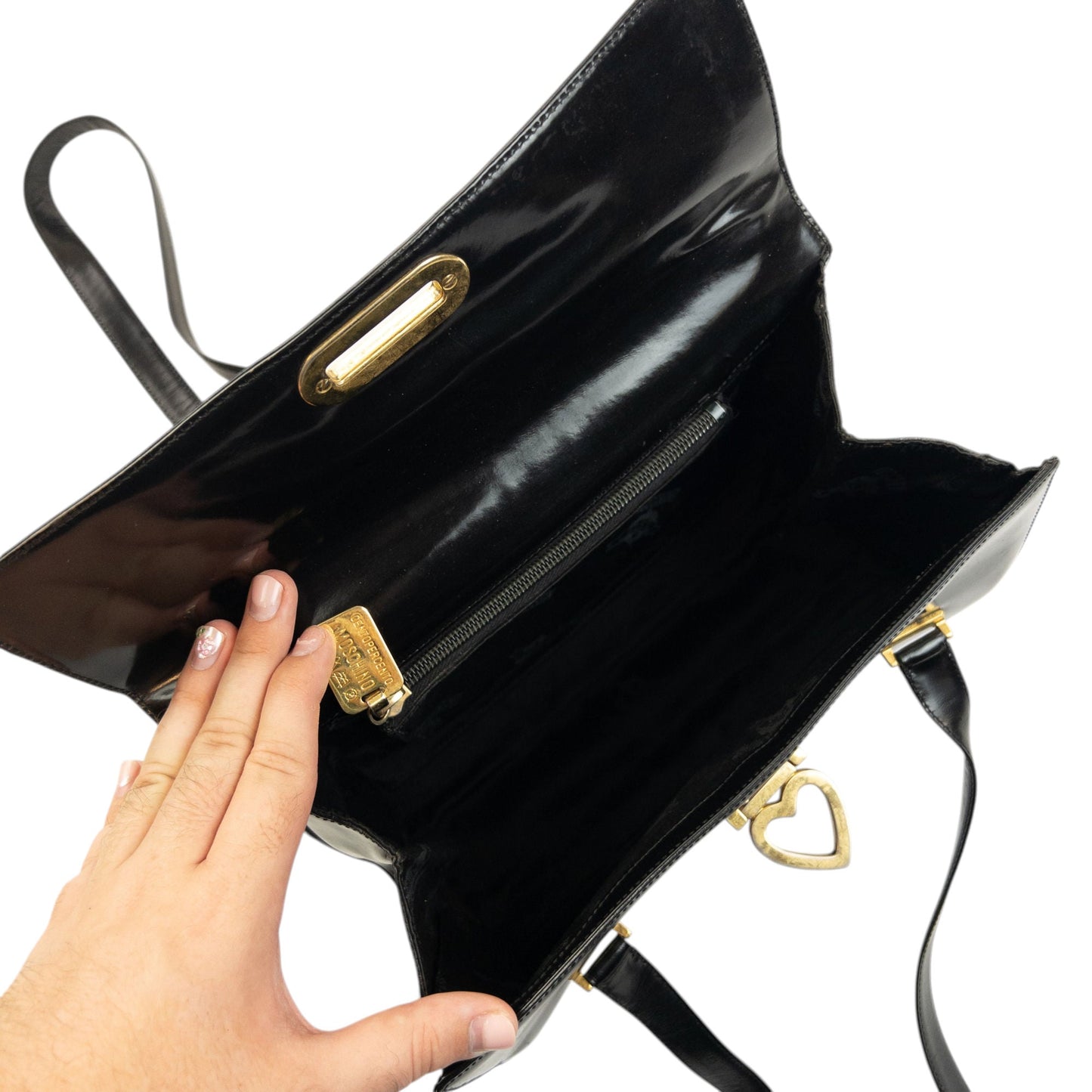 Vintage 2000s Moschino Heart Clasp Leather Shoulder Bag | O/S, Black