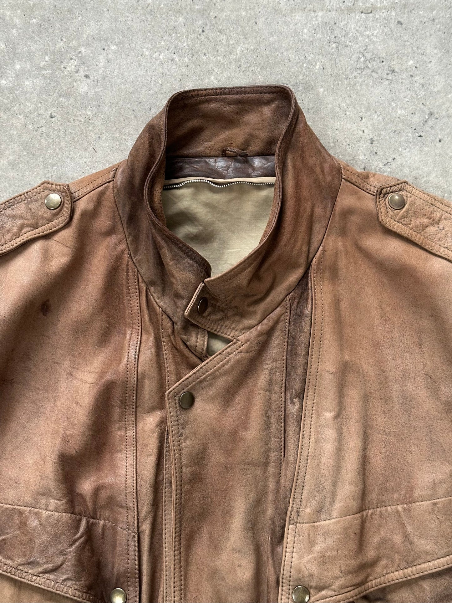 Vintage 1990s High Neck Aged Leather Bomber Jacket - M/L