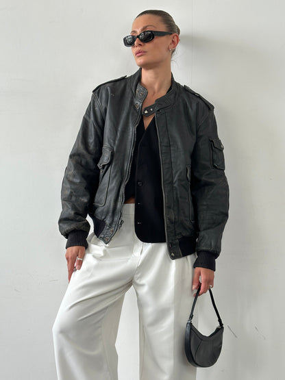 Vintage Distressed Leather Bomber Jacket - M/L