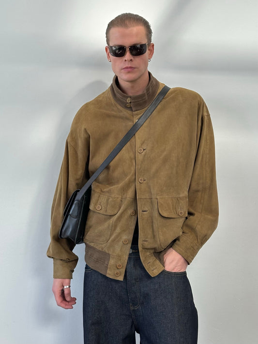 Vintage 1990s High Neck Suede Bomber Jacket - L