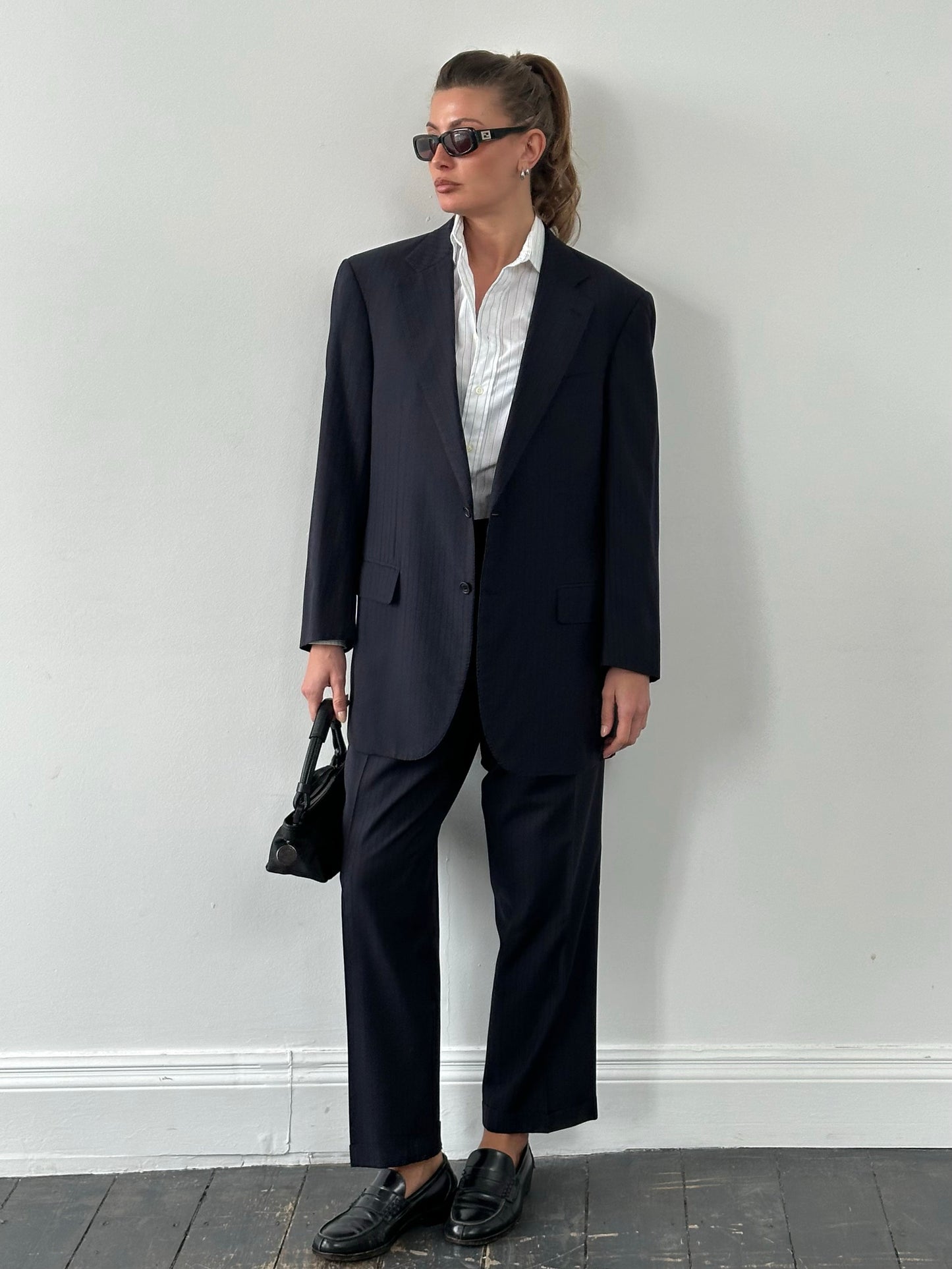 Burberry London 1990s pure wool striped suit, 42S/W34, featuring classic tailored design and multicolor striped pattern.