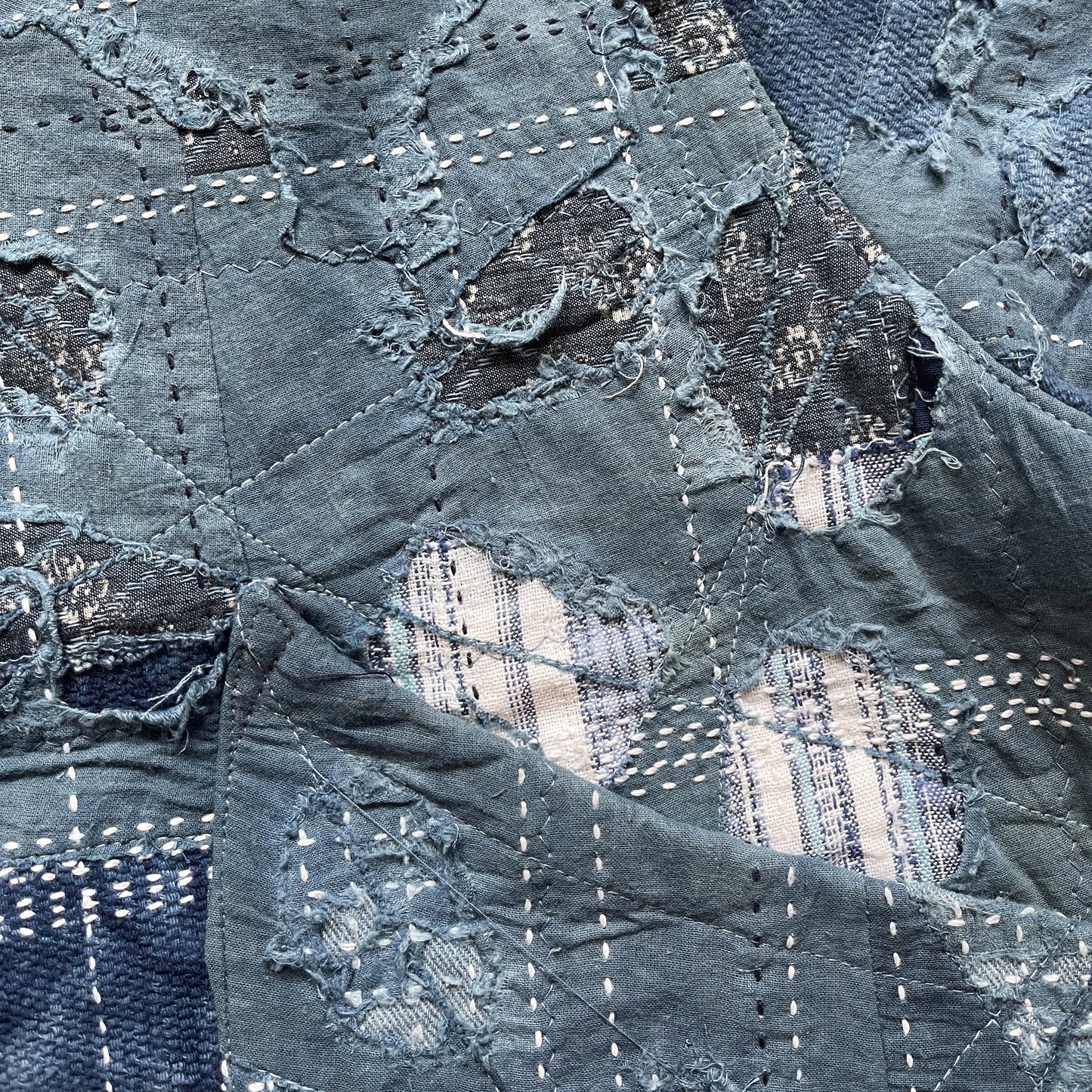 Indigo Collarless Boro Denim Jacket - M