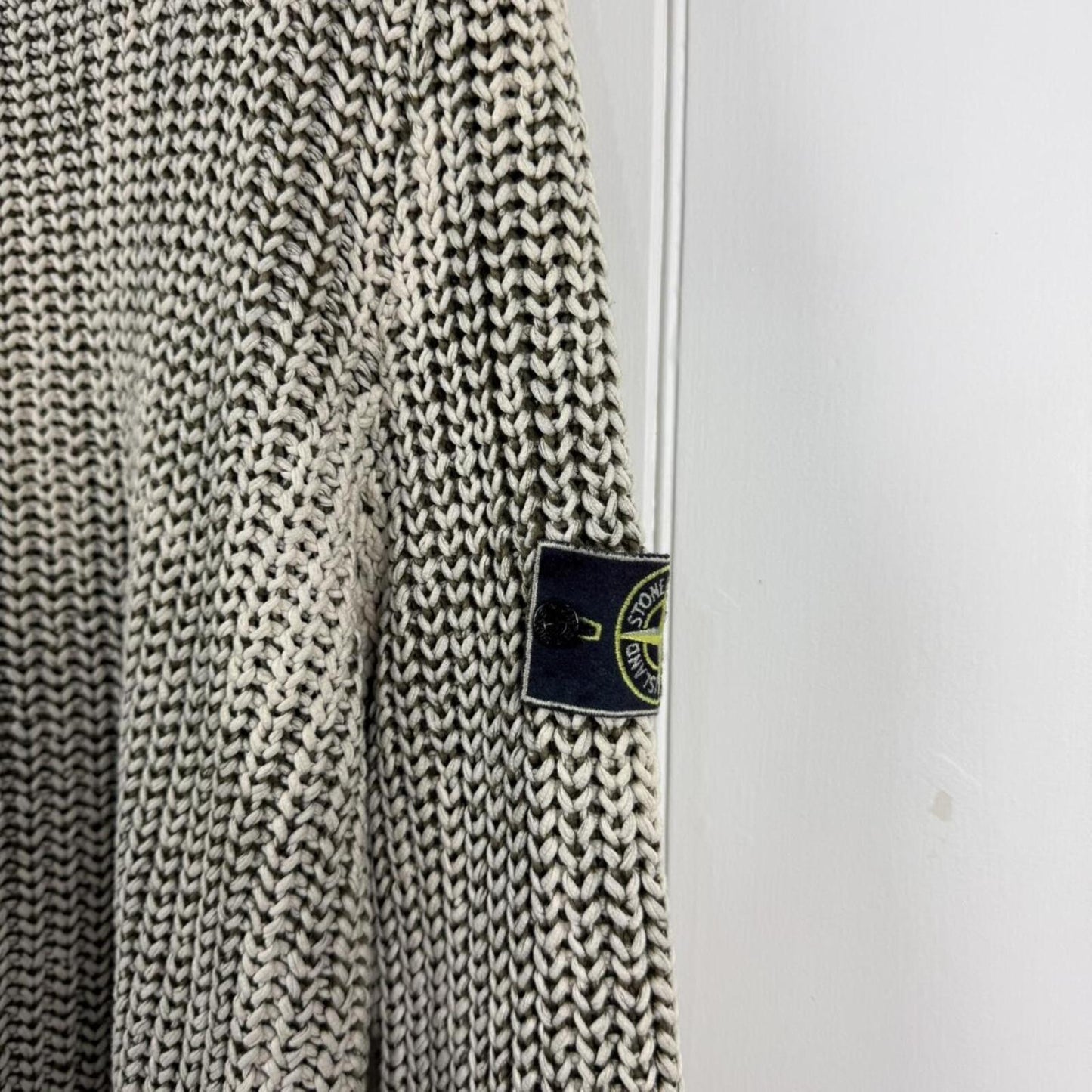Stone Island Hand Corrosion Cable Knit Jumper Green/Cream (XXL) | XXL, Multicoloured