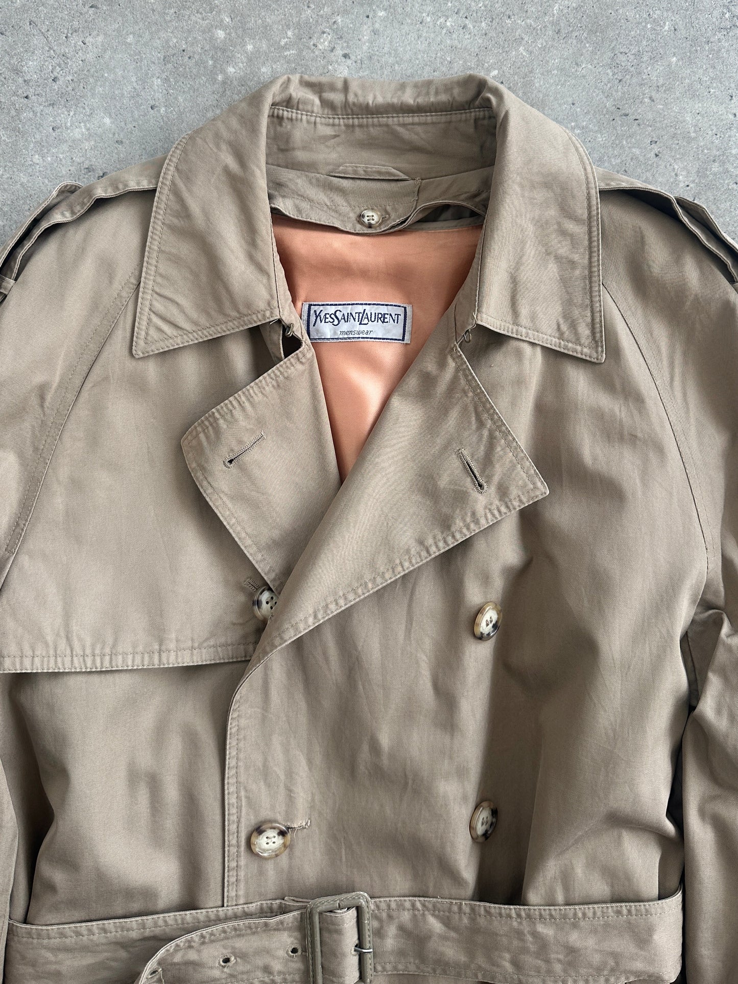 Yves Saint Laurent 80s Pure Cotton Double Breasted Belted Trench Coat - XL