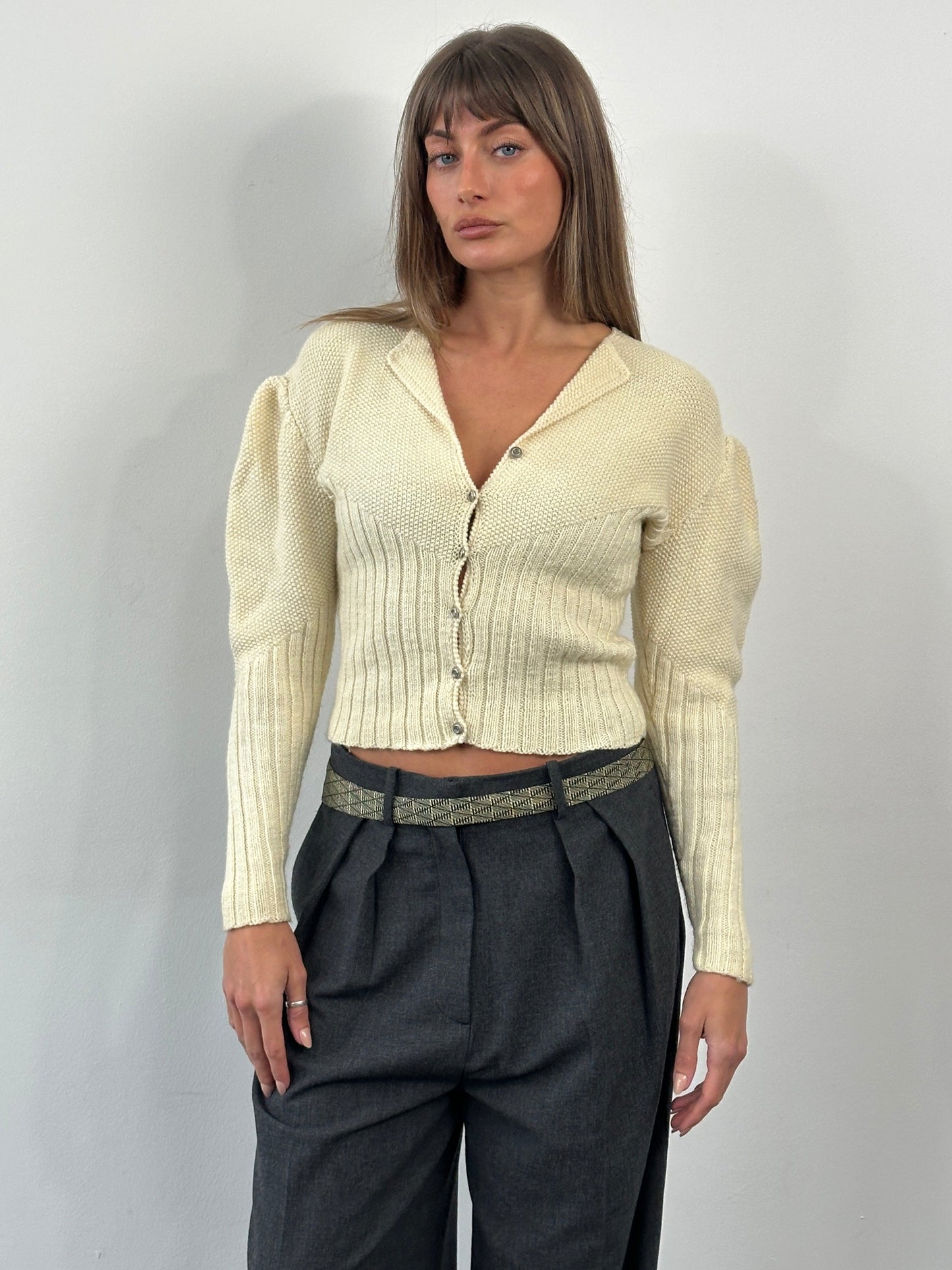 Vintage 1980s Wool Puff Sleeve Knitted Cardigan - S/M