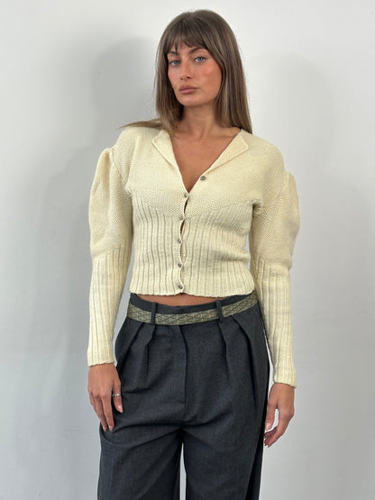 Vintage 1980s Wool Puff Sleeve Knitted Cardigan - S/M