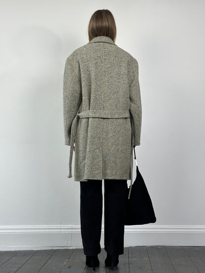 Valentino 1990s Pure Wool Herringbone Belted Coat - XL/XXL