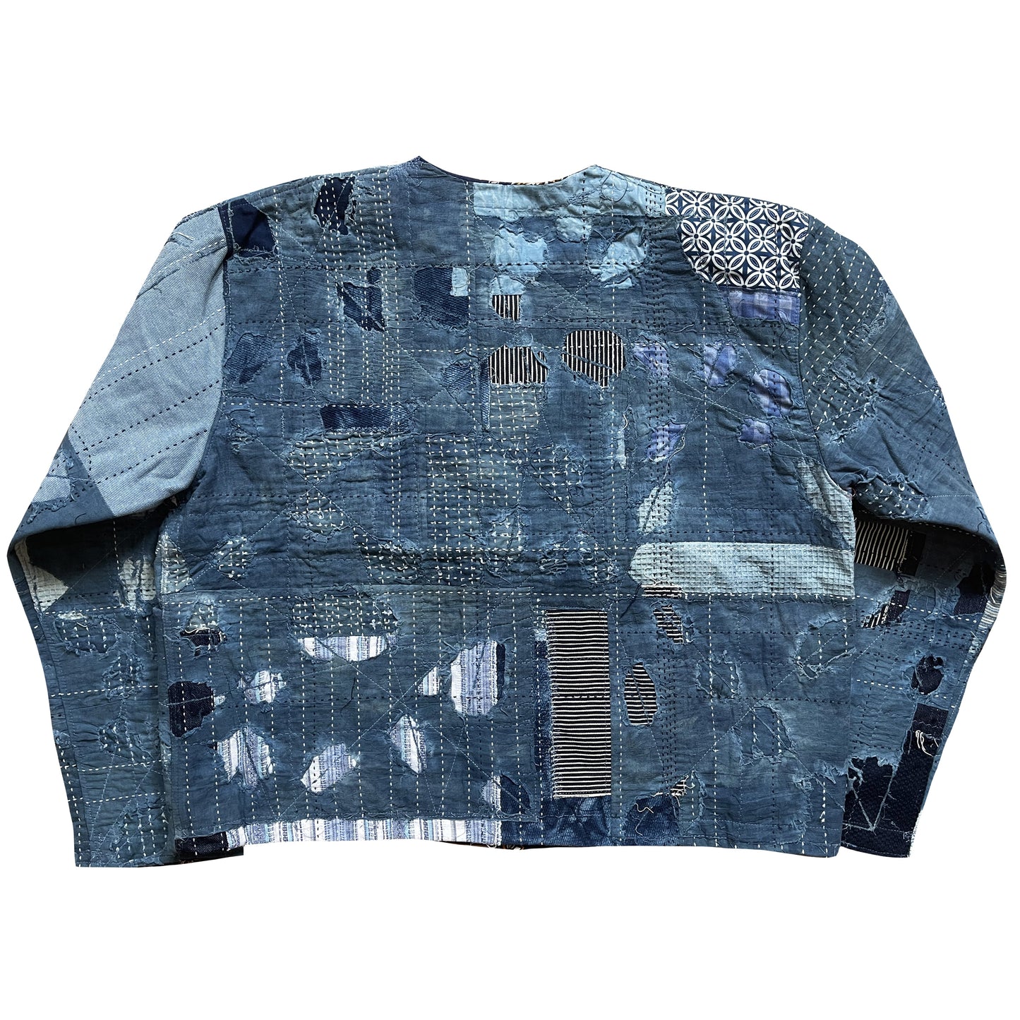 Indigo Collarless Boro Denim Jacket - M