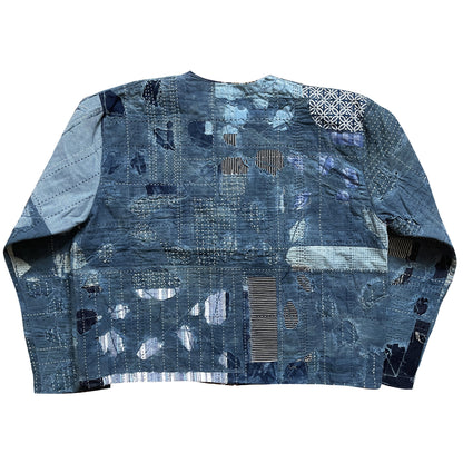 Indigo Collarless Boro Denim Jacket - M