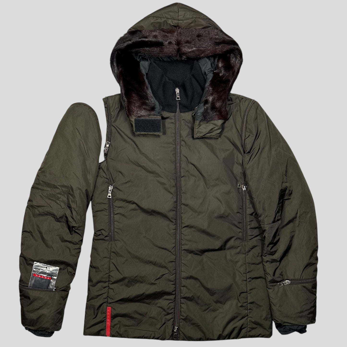 Prada Sport AW00 7 in 1 Nylon Padded Goat Fur Modular Bag Jacket - IT42 (S) | Default Title, Khaki