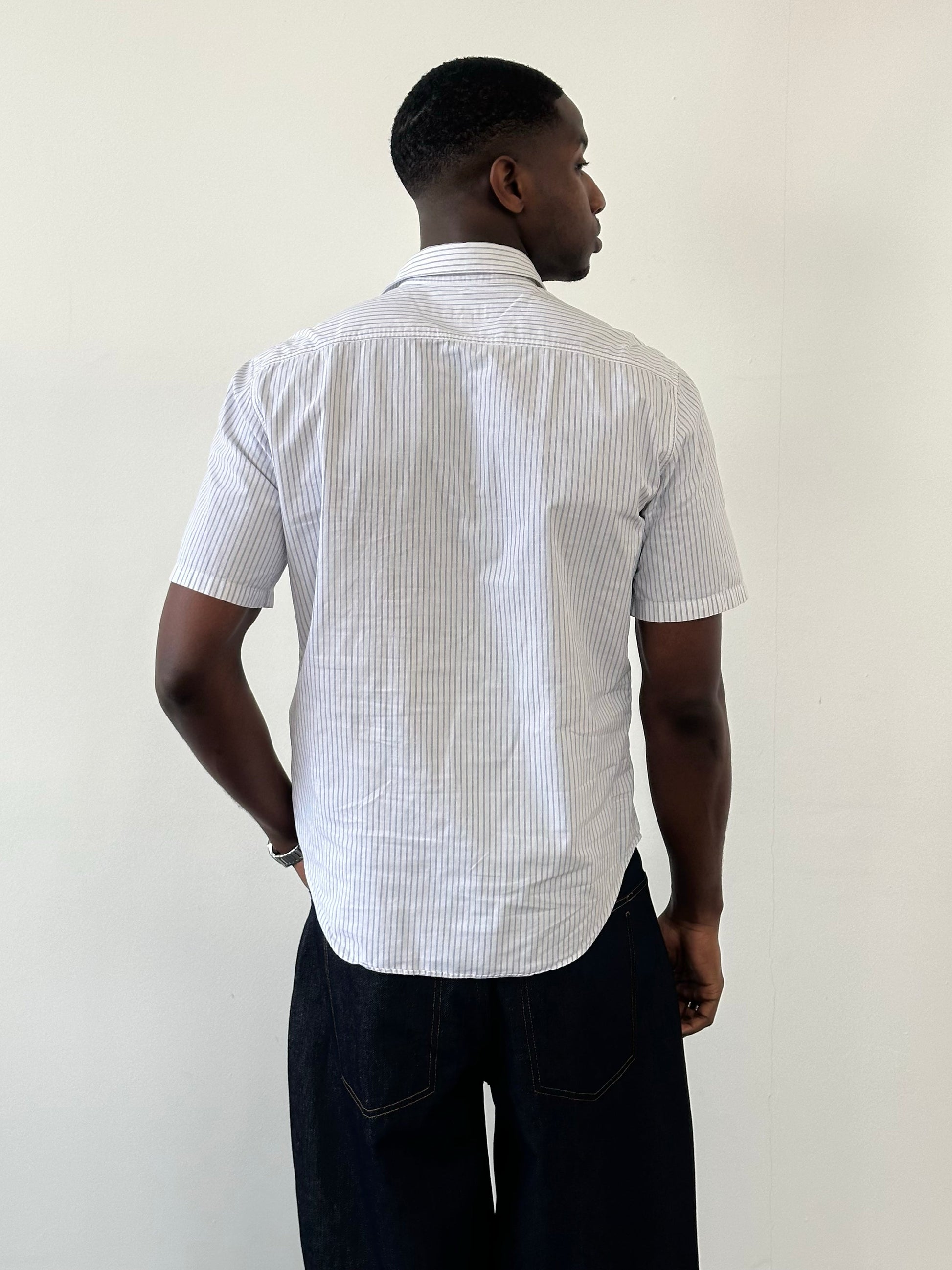 Armani Jeans 2000s pure cotton striped short sleeve shirt in size M, featuring blue and white vertical stripes and a classic fit.