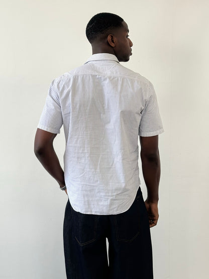 Armani Jeans 2000s pure cotton striped short sleeve shirt in size M, featuring blue and white vertical stripes and a classic fit.