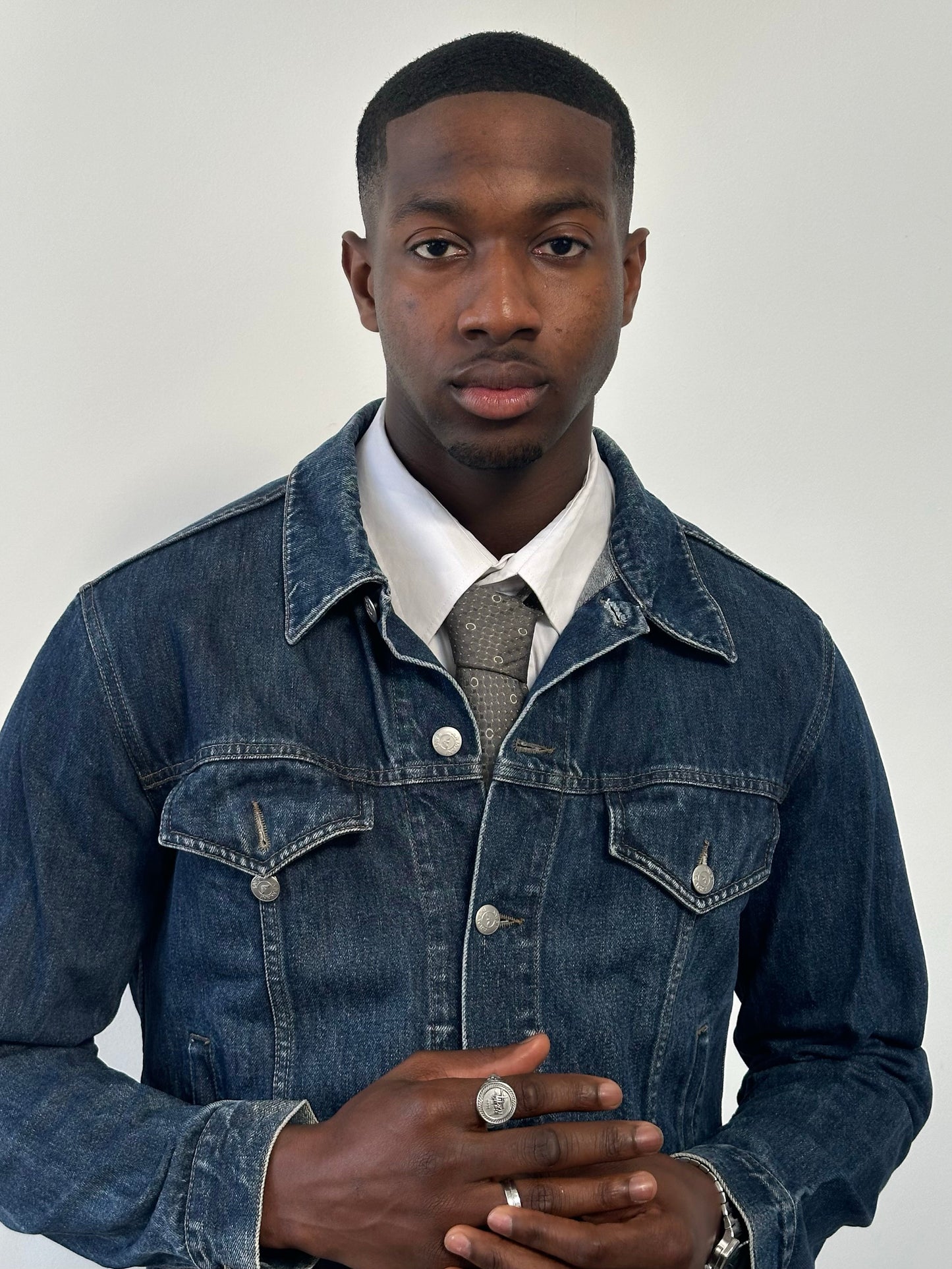Armani Jeans 1990s pure cotton denim jacket, size M, featuring classic blue denim fabric and button-up front.