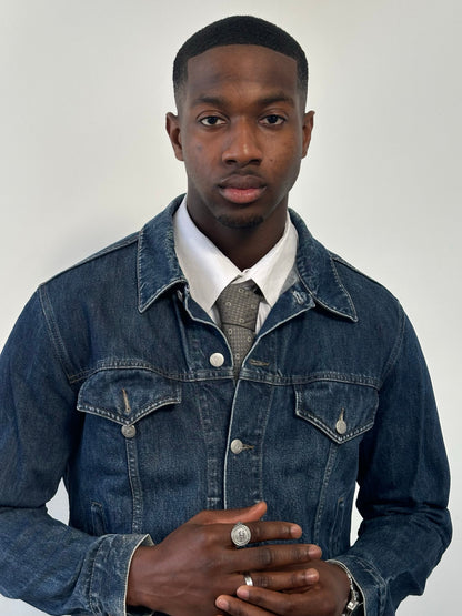 Armani Jeans 1990s pure cotton denim jacket, size M, featuring classic blue denim fabric and button-up front.