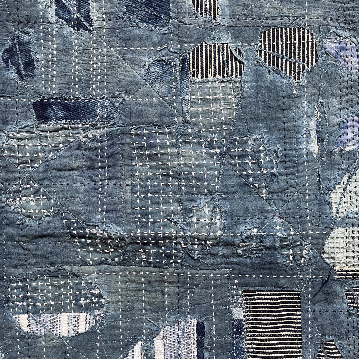 Indigo Collarless Boro Denim Jacket - M