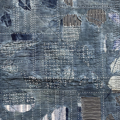 Indigo Collarless Boro Denim Jacket - M