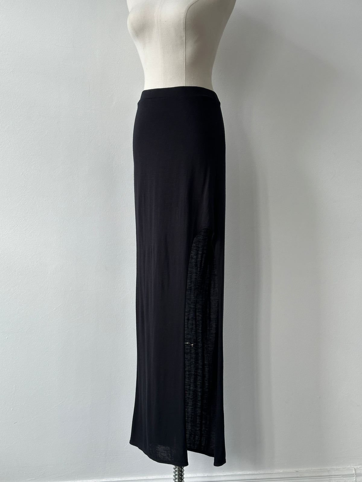 Helmut Lang 2000s side split maxi skirt in black, flowing fabric with high slit, stylish and modern design.