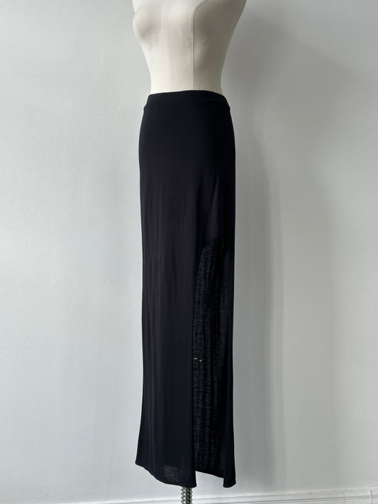 Helmut Lang 2000s side split maxi skirt in black, flowing fabric with high slit, stylish and modern design.
