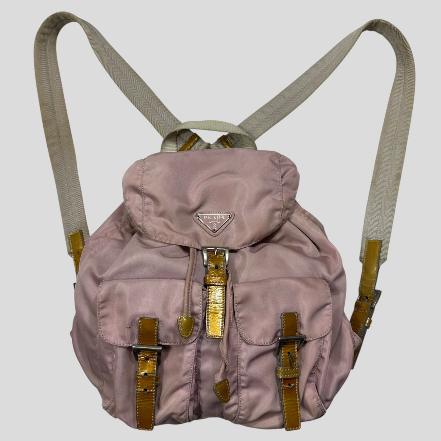 Prada Milano 00’s Triangle Plaque Logo Nylon Pink Backpack | O/S, Gold