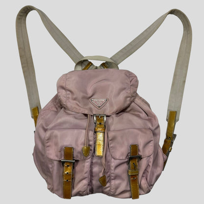 Prada Milano 00’s Triangle Plaque Logo Nylon Pink Backpack | O/S, Gold