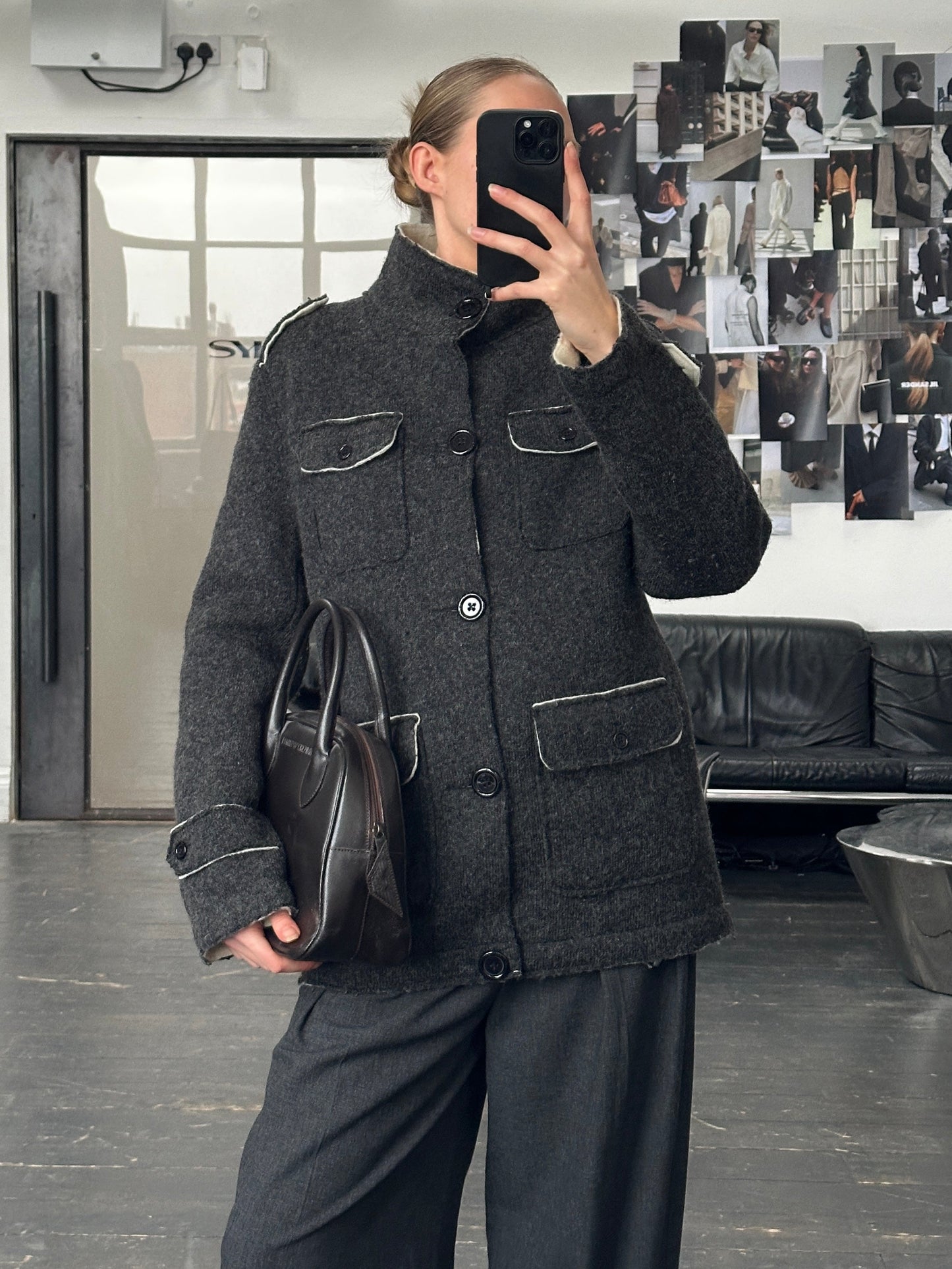 Vintage 1990s Wool High Neck Utility Jacket - L