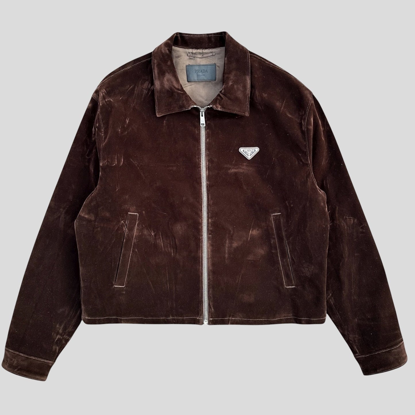 Prada 2024 Brown Velvet Velour Plaque Logo Boxy Jacket - M/L