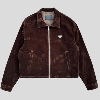 Prada 2024 Brown Velvet Velour Plaque Logo Boxy Jacket - M/L