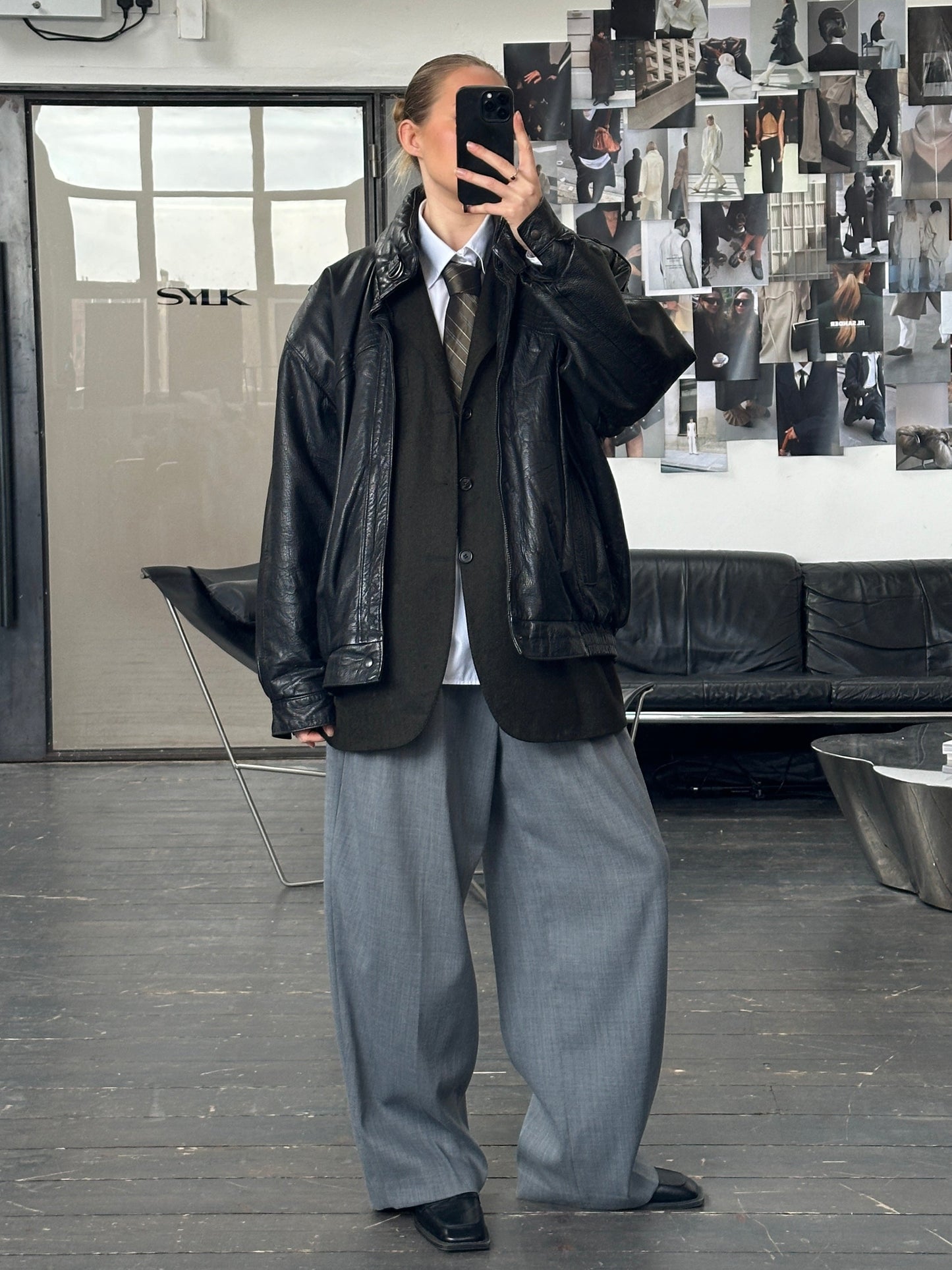 St Michael 1980s High Neck Leather Bomber Jacket - XL