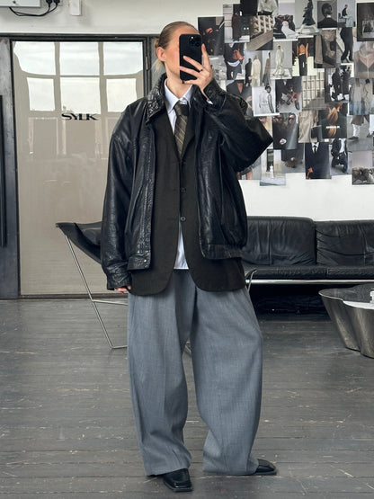 St Michael 1980s High Neck Leather Bomber Jacket - XL