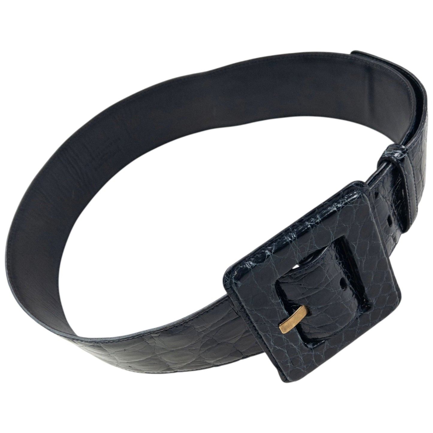 Vintage 90s YSL Yves Saint Laurent Crocodile Embossed Leather Belt Size M | O/S, Black