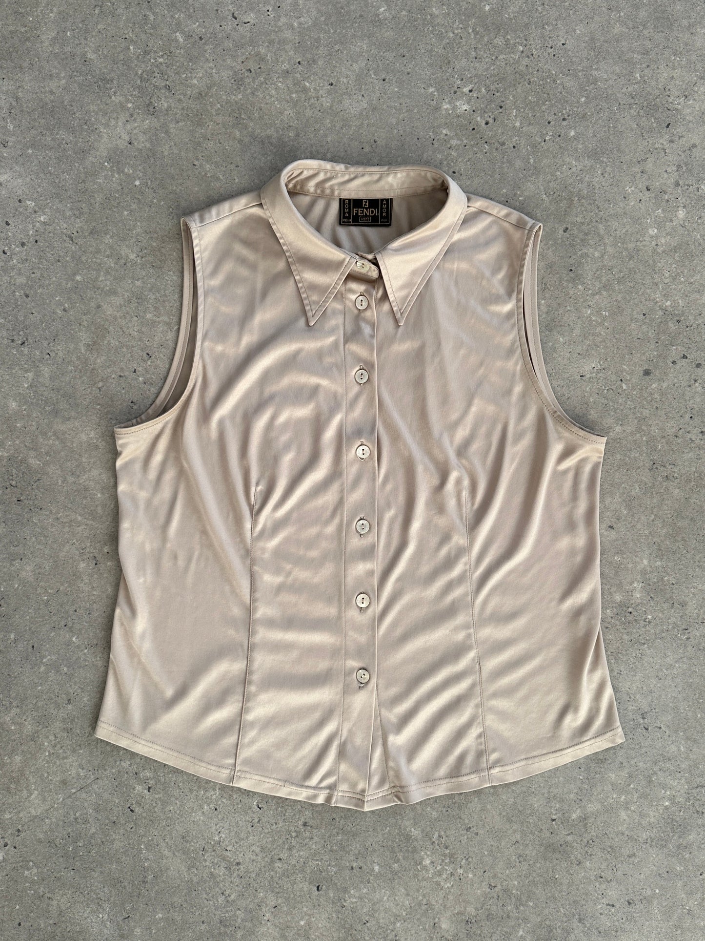 Fendi Sleeveless Satin Logo Shirt - M/L