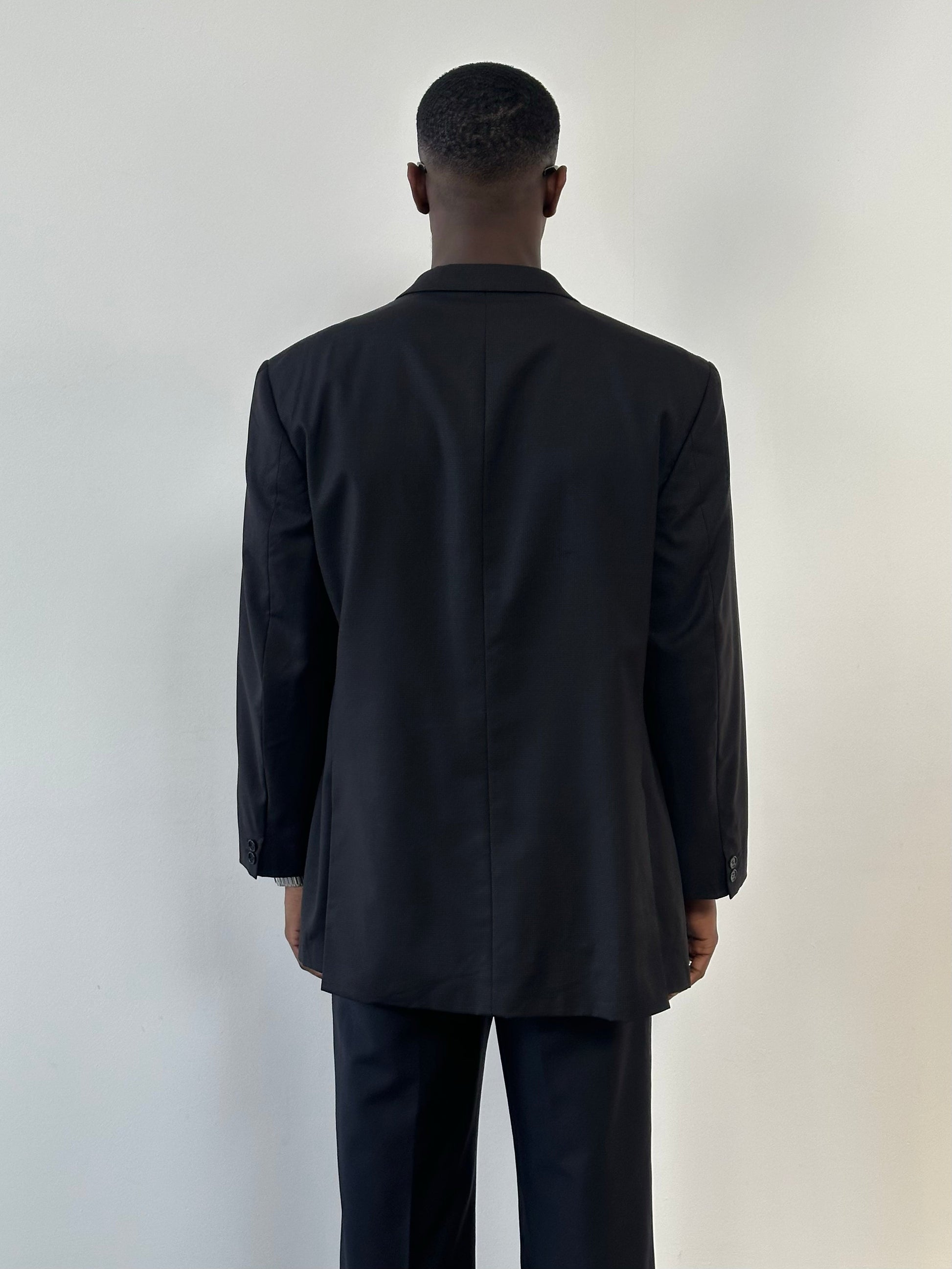 Yves Saint Laurent 1990s pure wool high-neck blazer in size 48R, dark color, tailored fit, and classic style.