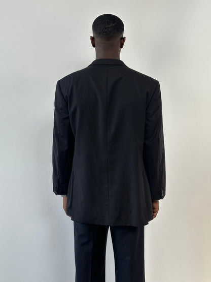 Yves Saint Laurent 1990s pure wool high-neck blazer in size 48R, dark color, tailored fit, and classic style.