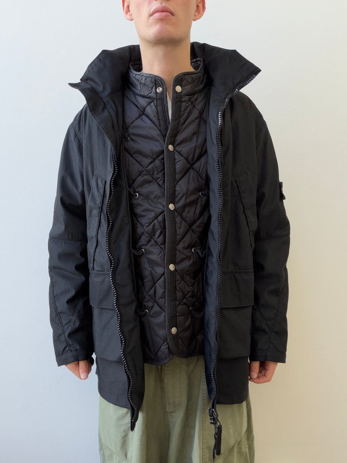 Stone Island AW00 Nylam Dutch Rope Liner Asymmetrical Overcoat | XX-Large, Black
