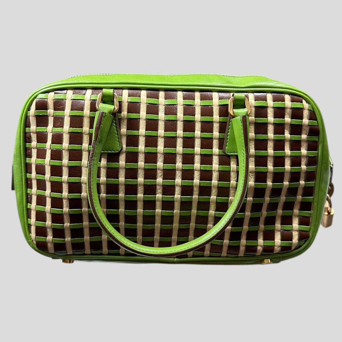Prada 2001 Mini Top Handle Leather Woven Bag + Cards & Dustbag | O/S, Green