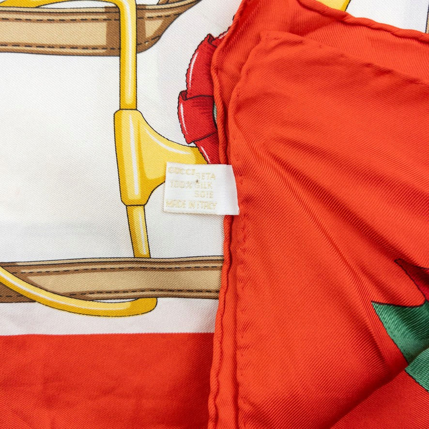 Vintage 80s Gucci Equestrian Horse Harness Print Silk Scarf | O/S, Orange and White