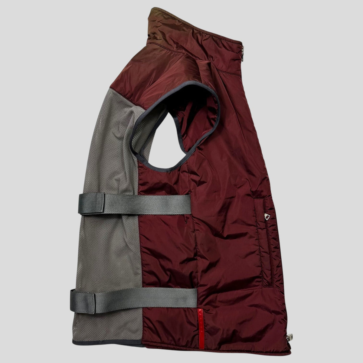 Prada Sport 1999 Nylon Bondage Mesh Padded Gilet - IT48 (S/M) | Small, Burgundy